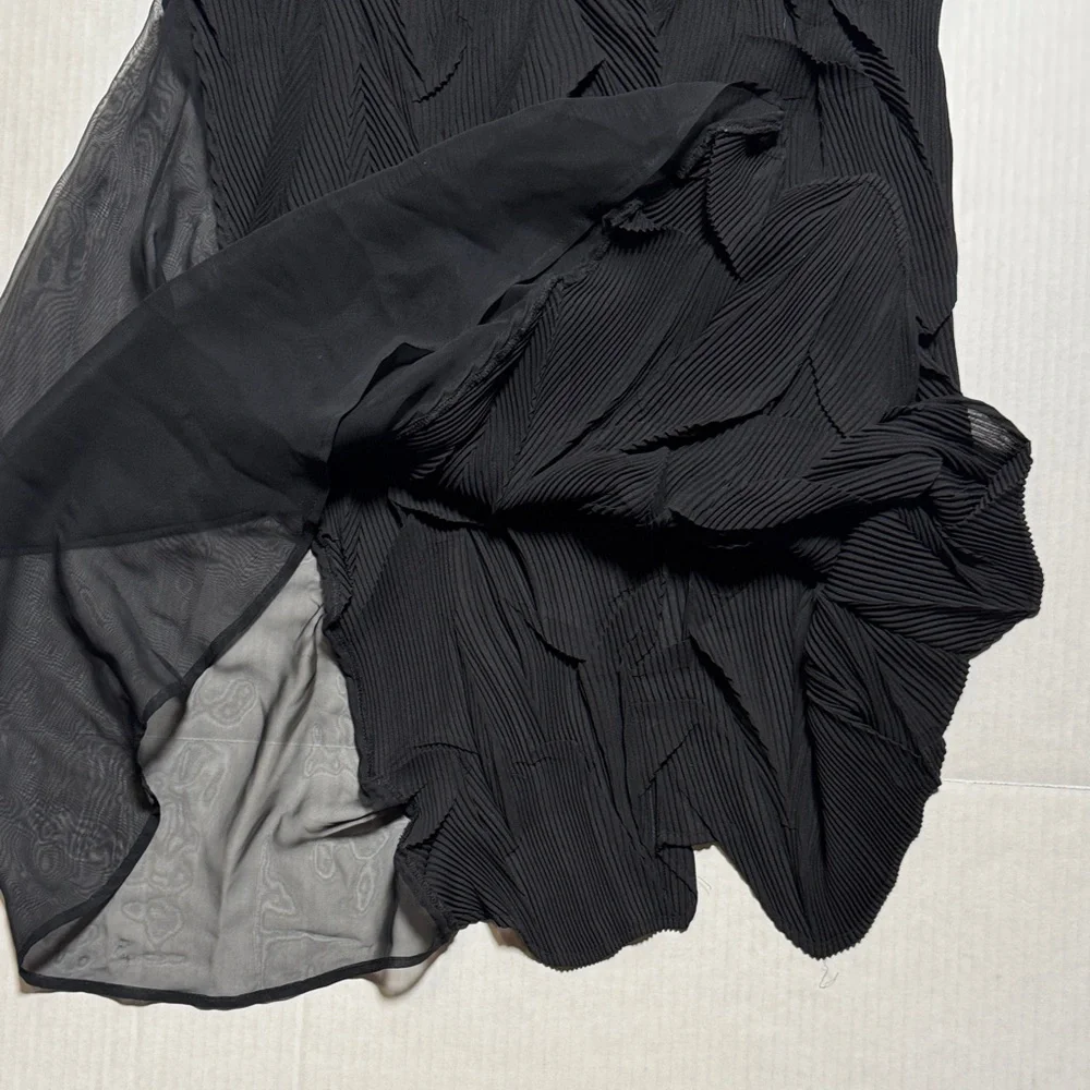 HAN FENG Women's Ruched Pleated Crinkle Black Maxi Skirt Sheer Whimsigoth XL - Picture 9 of 10